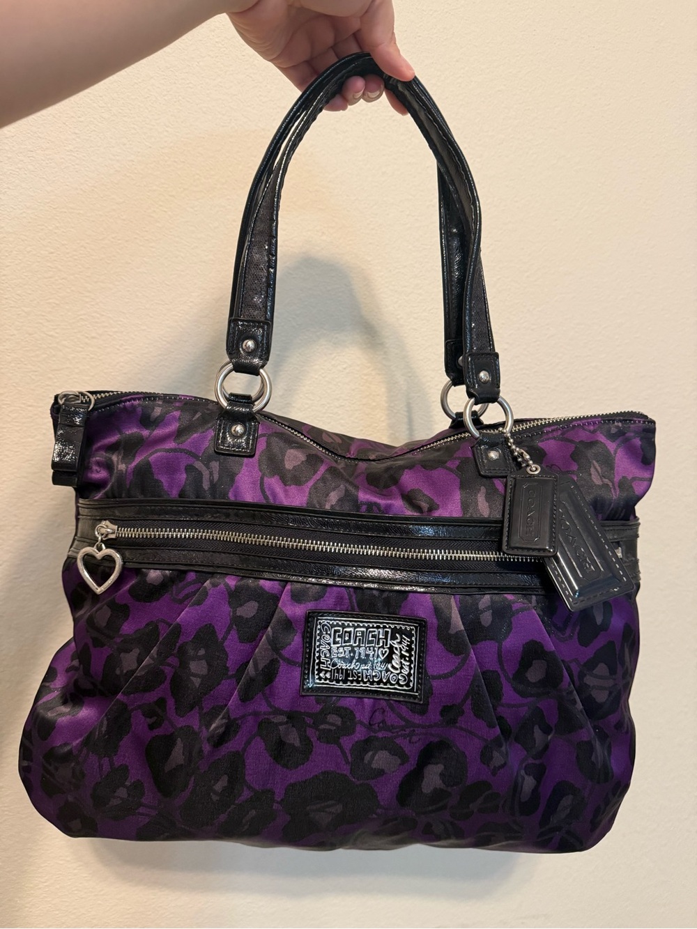 Coach Purple and Black Leopard-Print Tote with Heart Charm